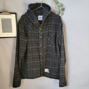 Hooded Button-Up Plaid Shirt Jacket - Charcoal Gray